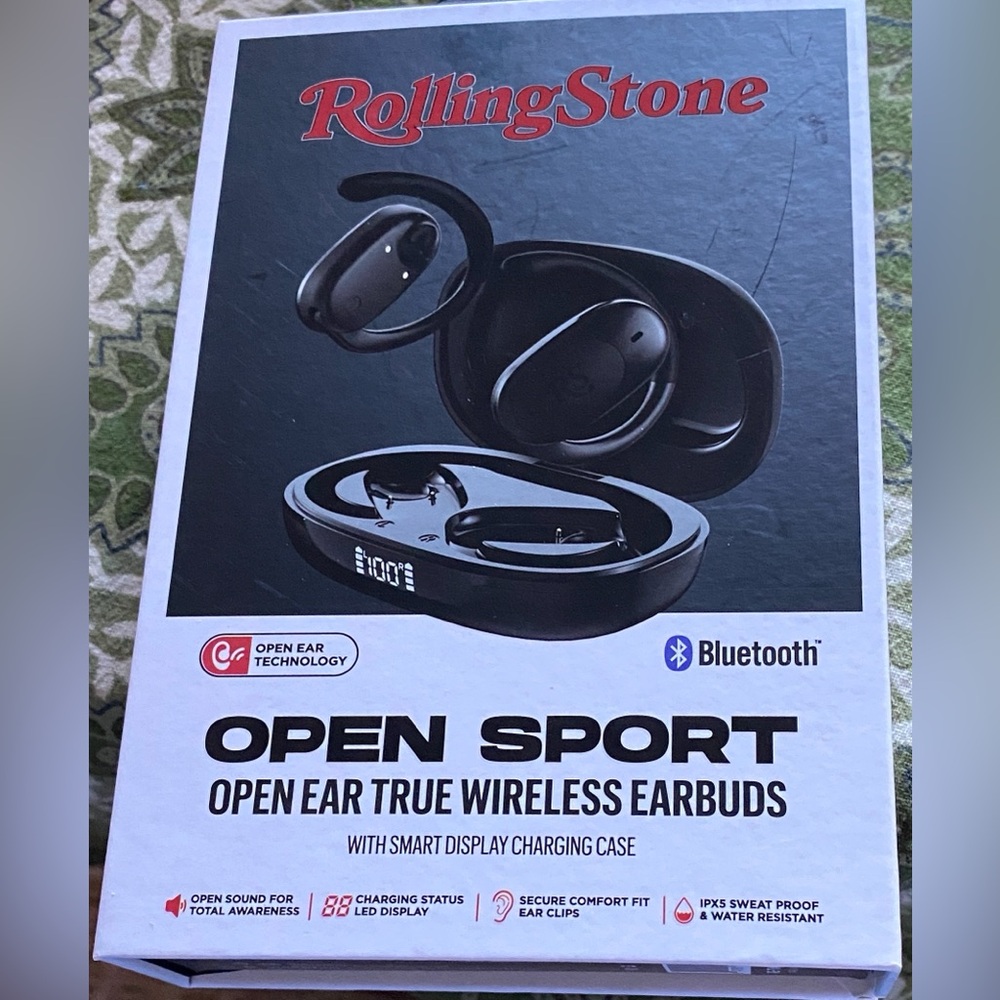 Wireless Earbuds by Rolling Stone Open Sport.  Smart Display Charging Case NIB